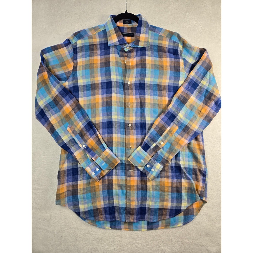 Peter Millar Collection Mens Large Linen Plaid Button Down Shirt Blue Preppy